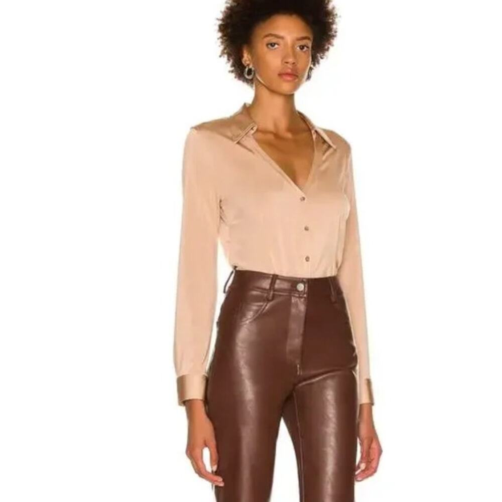 L'Agence Dallas Long Sleeve Button Down Blouse Stretch Sheen Light Mocha Medium